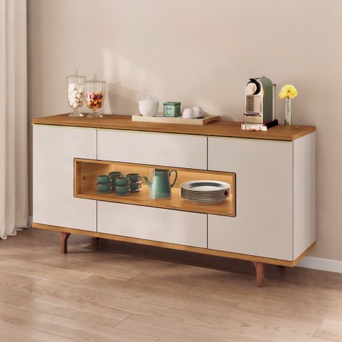 Aparador Buffet para Sala de Jantar com LED 5 Portas 1 Gaveta Lizzano B01 Off White Cinamomo - Lyam