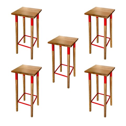 Kit 5 Banquetas Bistro Industrial Colors Ferro e Madeira Maciça - Vermelha
