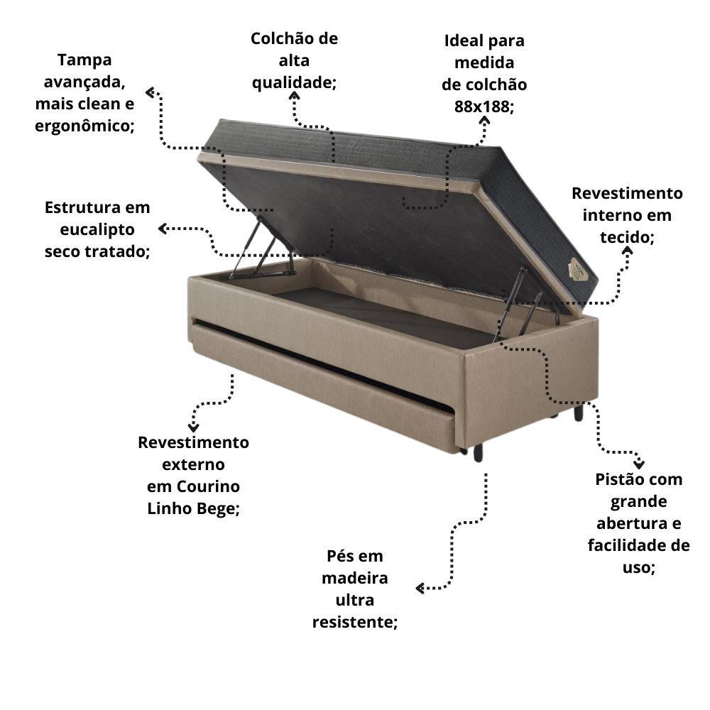 Bicama Box Baú Solteiro 88x188x42 Courino Linho Bege com Colchão Adapto Molas Ensacadas Ecoflex - 9