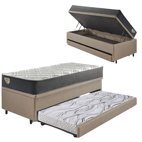 Bicama Box Baú Solteiro 88x188x42 Courino Linho Bege com Colchão Adapto Molas Ensacadas Ecoflex