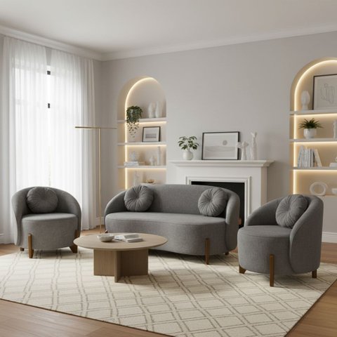 Kit 01 Sofá 2 Lugares + 02 Poltronas Orgânicos C/ Almofadas Curvo Sala Recepção Amsterdã Boucle Cinz