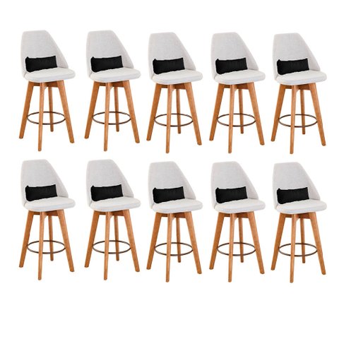 Kit 10 Banquetas Alta Maya Giratória Com Encosto Linho Bege Claro e Almofada Suede Preto - Gat