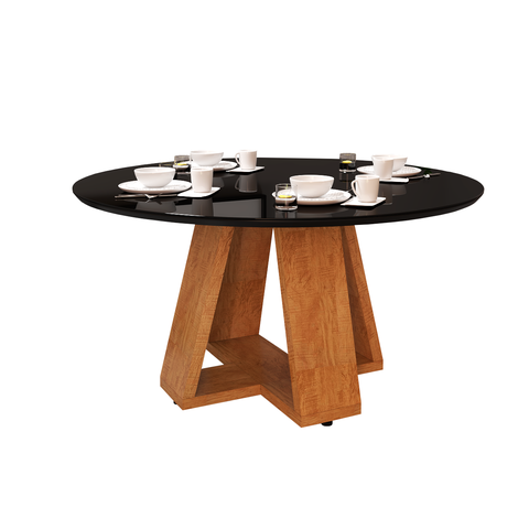 Mesa de Jantar Redonda 90cm Tampo de Vidro Base Pérola em Mdf para 4 Lugares:preto