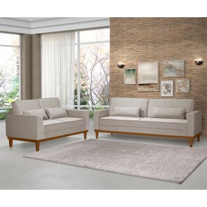 Conjunto Sofá Living Valência 3/2 Lug. - Base Madeira- Linho Bege