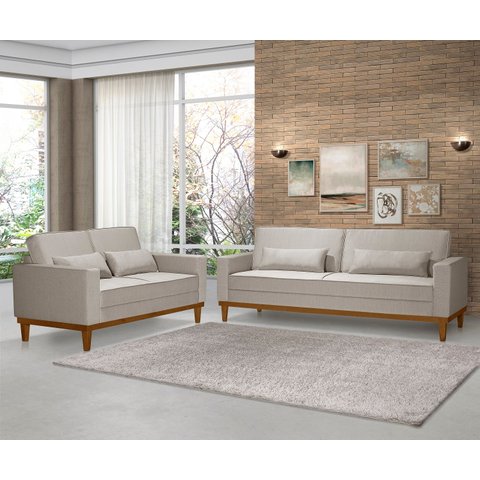 Conjunto Sofá Living Valência 3/2 Lug. - Base Madeira- Linho Bege