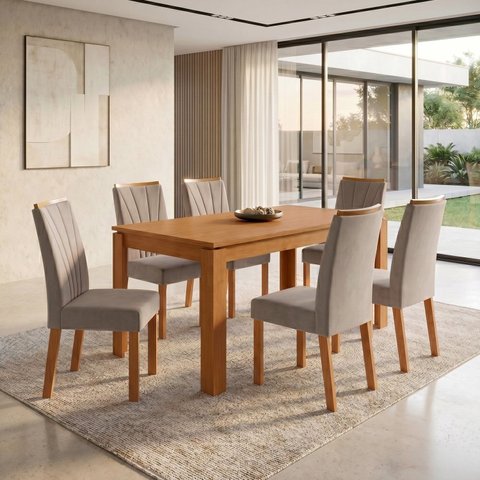 Conjunto Sala de Jantar 6 Lugares Retangular Tampo MDF 180cm Mesa Athenas e Cadeiras Apogeu Cinza Amêndoa Clean/Capuccino