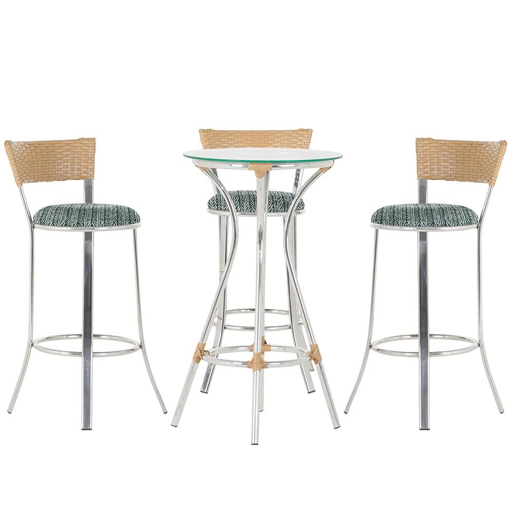 Kit de Mesa Bistrô com Tampo de Vidro Redondo 4 Banquetas em Alumínio e Fibra Sintética Ráfia