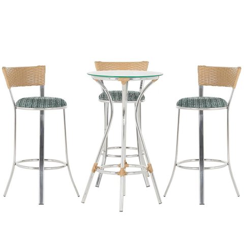 Kit de Mesa Bistrô com Tampo de Vidro Redondo 4 Banquetas em Alumínio e Fibra Sintética Ráfia