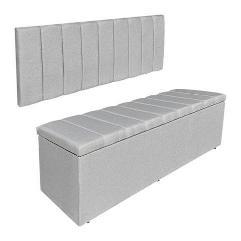 Kit Cabeceira Painel e Calçadeira Recamier Baú King 1,95m Holanda Linho Cinza - Pallazio