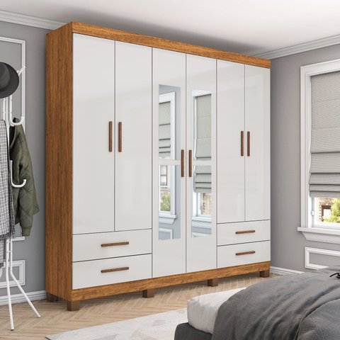 Guarda-Roupa 6 Portas 4 Gavetas com Espelho e Pés Genova Off White/Cinamomo