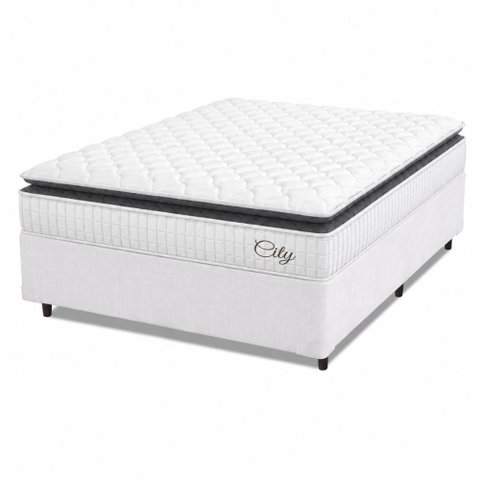 Cama Box Colchão Casal Molas Ensacadas City Pillow Top 138x188x61cm Branco / Preto Hellen
