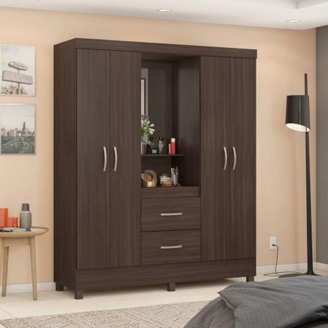 Guarda Roupa Casal Gaia 4 Portas de Bater 2 Gavetas MDP Café Touch Demóbile