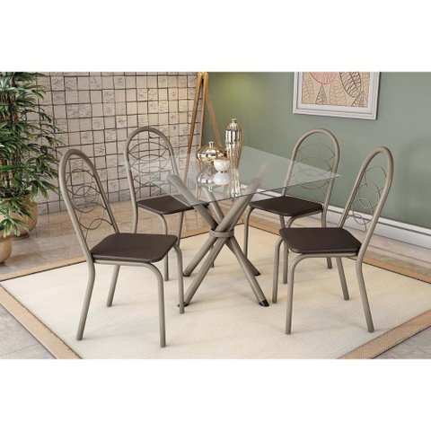 Sala de Jantar Completa Volga C/ Tampo de Vidro 90cm e 4 Cadeiras Holanda Niquel - Courano Marrom -