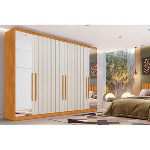 Guarda Roupa Casal 6 Portas (4 Ripadas e 2 C/ Espelho) e 4 Gavetas Oxford Peroba/off White - Europa