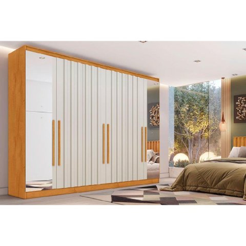 Guarda Roupa Casal 6 Portas (4 Ripadas e 2 C/ Espelho) e 4 Gavetas Oxford Peroba/off White - Europa
