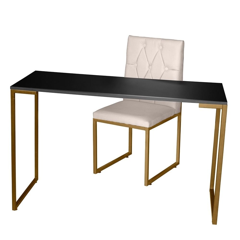 Kit Home Office Mesa Para Escritorio com Cadeira Malta Ferro Dourado Suede Bege - Móveis Mafer