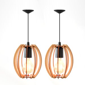 Kit 2 Luminárias Lustre Pendente de Madeira Vazado Aletado Soq E27 15x17cm Cor:marfim