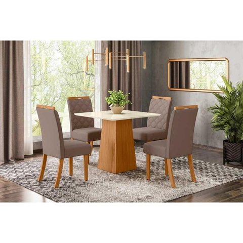 Conjunto: Mesa Sala Jantar Dora Tampo Madeirado 90cm e 4 Cadeiras Bella Nature/suede Light Marrom