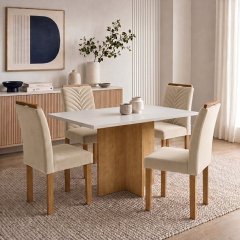 Conjunto de Mesa de Jantar 4 Lugares Carol 120x80cm em MDF Cinamomo e Off White