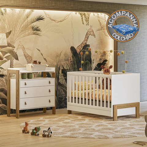 Quarto de Bebê com Cômoda 4410 e Berço 4300 Branco Acetinado + Colchão Ortobom Patoti Móveis