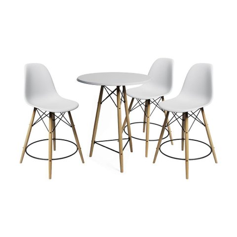 Conjunto Bistrô Eames Eiffel Mesa Branca com 3 Banquetas Brancas de Madeira