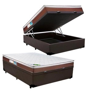 Colchão Molas Ensacadas Luckspuma MasterPocket Caribe + Cama Box Casal Com Baú Marrom