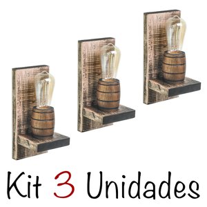 Kit 3 Arandelas Lumínárias de Parede em Madeira Maciça Colonial Rústica Barril