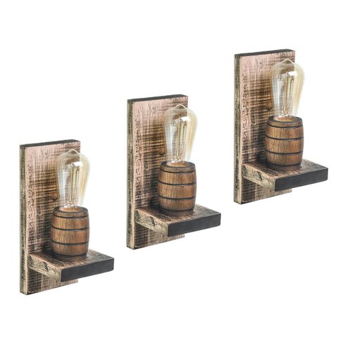 Kit 3 Arandelas Lumínárias de Parede em Madeira Maciça Colonial Rústica Barril