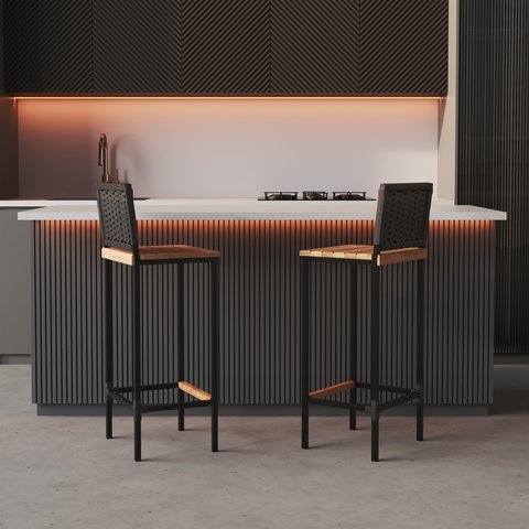 Kit 2 Banqueta Alta em Aço com Assento de Madeira Maciça e Encosto de Junco