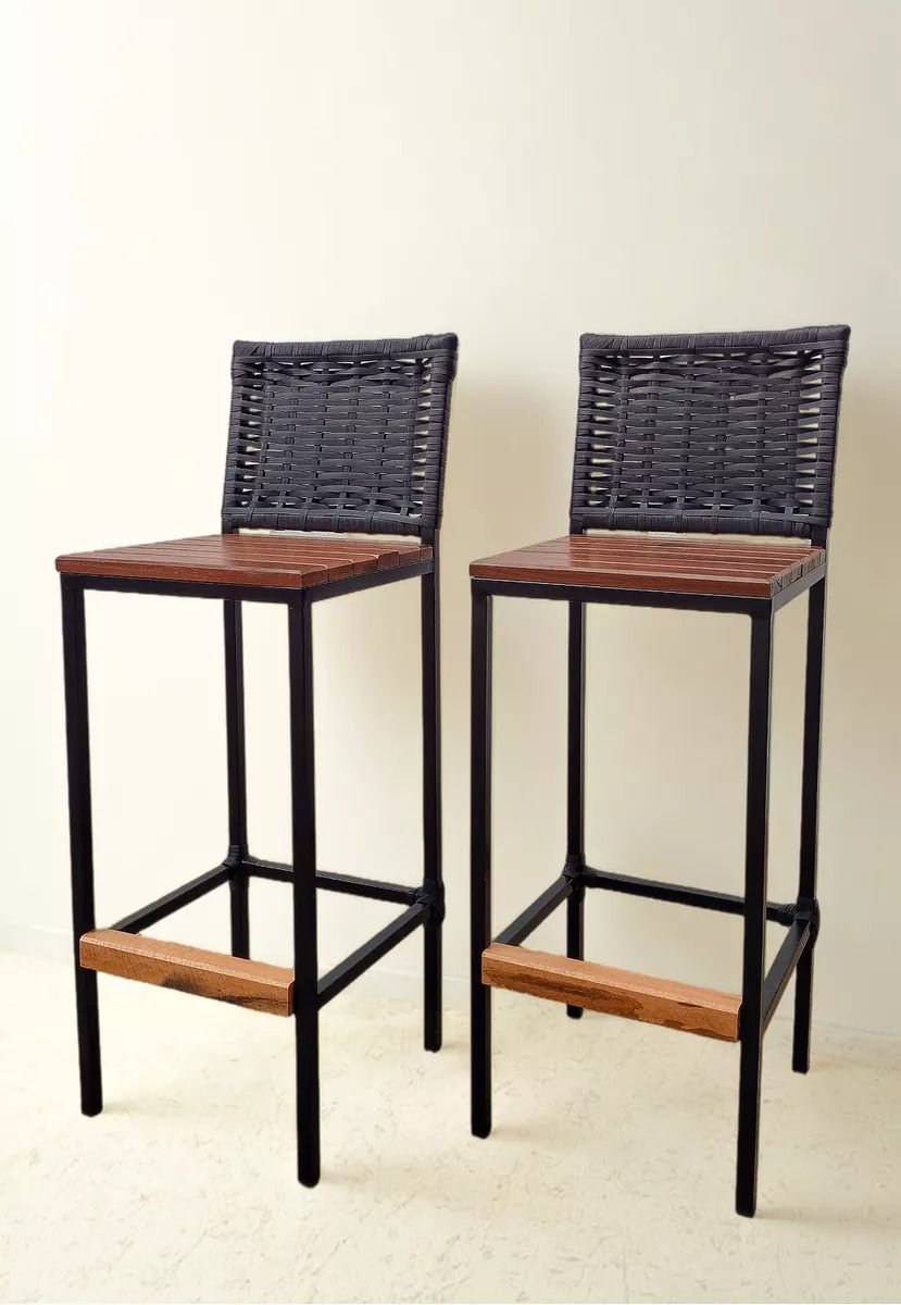 Kit 2 Banqueta Alta em Aço com Assento de Madeira Maciça e Encosto de Junco - 3
