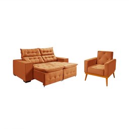 Kit Sofá Retratil Reclinável Bari 1,90 Pillow Mais Poltrona Florença em Veludo Terracota - 1