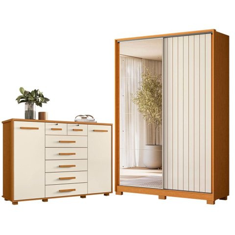 Guarda Roupa Solteiro Frizatto 02 Portas de Correr com Espelho e Cômoda Fontana Cinamomo Off White -