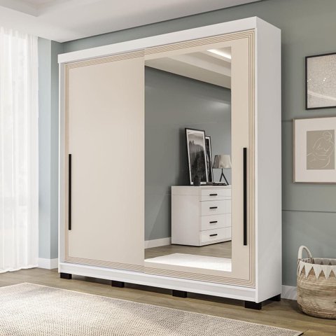 Roupeiro Valência 2 Portas Correr com Espelho 177x213cm Branco/Creme 240853