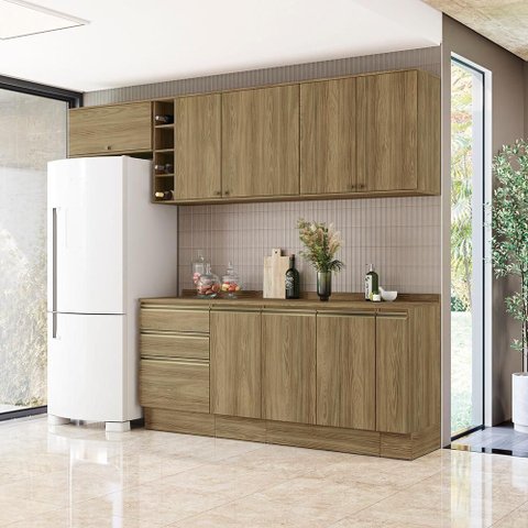 Armário de Cozinha Completa Garrafeiro 100% Mdf 280cm Nogueira Celeste Kappesberg