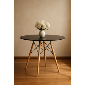 Mesa de Jantar Redonda Eames Eiffel Wood 80cm Preta – Tampo Mdf Laqueado, Base em Madeira e Metal
