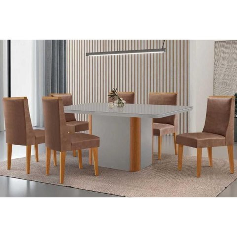 Conjunto: Mesa de Cozinha Pietã¡ Curvo 180cm + 6 Cadeiras Dakota Madeira Naturale/off White -
