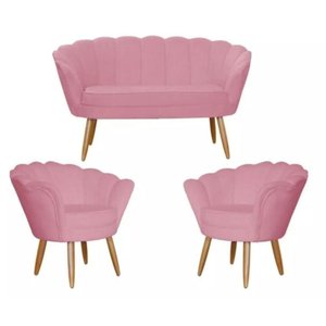 Kit Namoradeira + 2 Poltronas Rose Veludo Luxo Pés Madeira