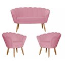 Ver imagem 1 de Kit Namoradeira + 2 Poltronas Rose Veludo Luxo Pés Madeira