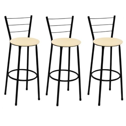 Kit 3 Banquetas Alta Preta com Encosto Assento Bege Jaddi