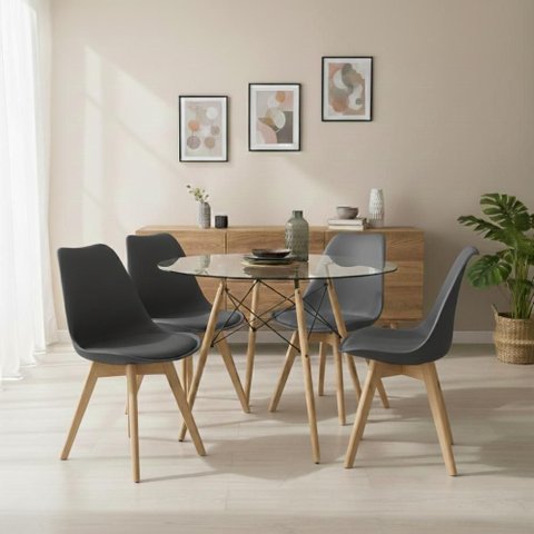 Mesa Eames Vidro 90cm + 4 Cadeiras Saarinen Wood Seat&Co