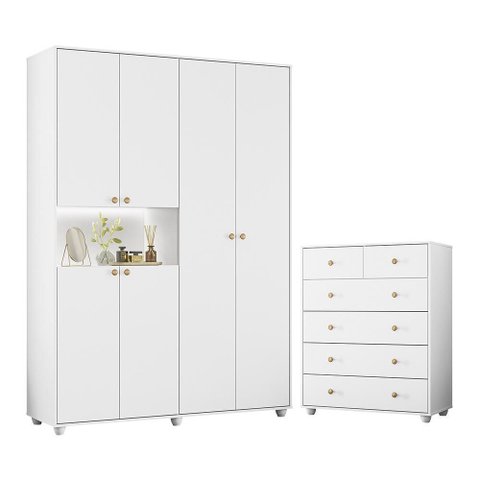 Jogo de Quarto Vittoria com Guarda Roupa e Cômoda Branco - Móveis Albatroz