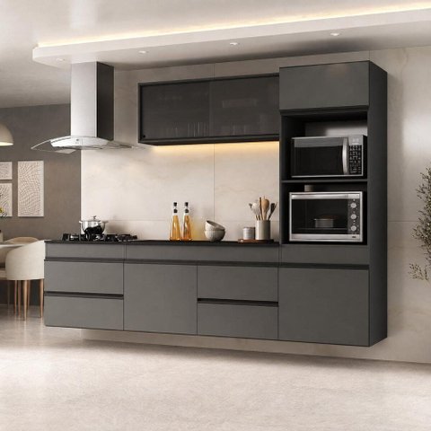 Armário Cozinha Modulada Completa Suspensa 251,5cm 4 Peças Milano Multimóveis MP2476 Grafite