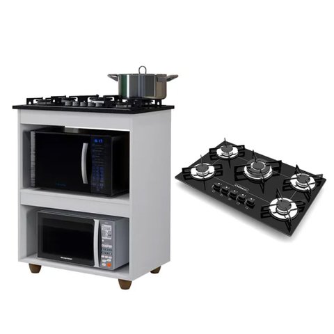 Kit Balcão para Cooktop Cozinha Kaiki Turim Branco com Fogão Cooktop 5 Bocas Tripla Chama Chamalux P