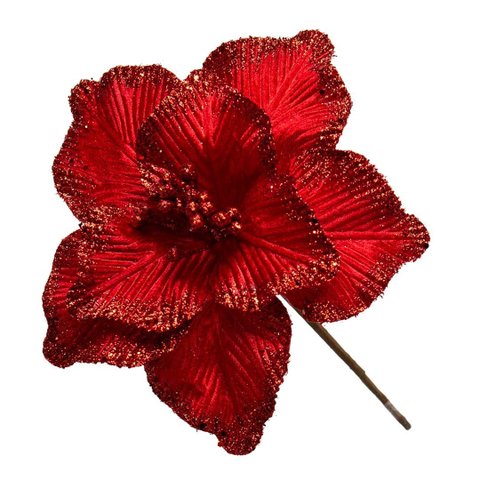 Flor Artificial Natalina Magnólia Vermelha de Veludo | Linha Natal Encantado