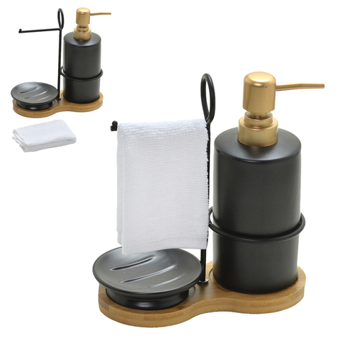Kit para Banheiro Redondo Preto e Dourado - 3 peças