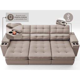 Sofá com Porta Copos e Carregador Usb Eureka 2,30m Assento Retrátil e Reclinável Velosuede Bege - 5