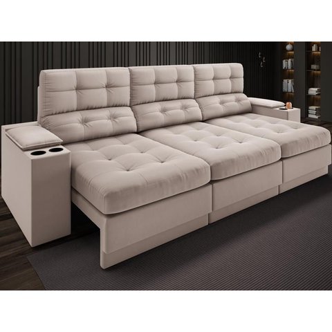 Sofá com Porta Copos e Carregador Usb Eureka 2,30m Assento Retrátil e Reclinável Velosuede Bege