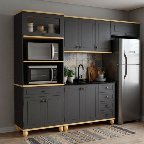 Kit Cozinha Compacta Modulada 4 Peças MDF 280cm Joy Yescasa Preto/Natural