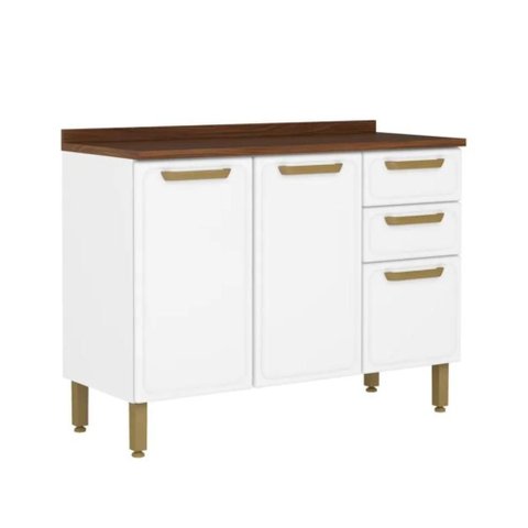 Balcão de Aço com Tampo Bella Bertolini 120cm Branco/Nogueira Caiena 3 Portas e 2 Gavetas