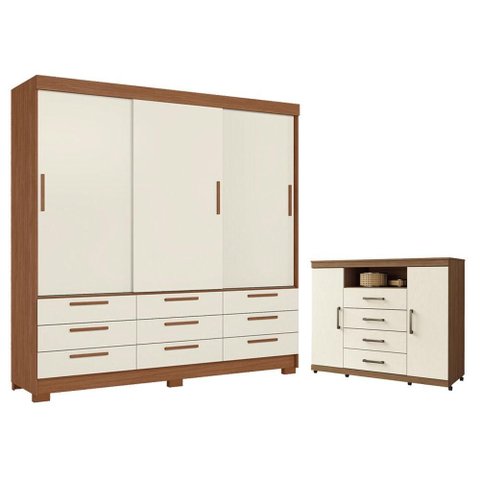 Guarda Roupa Casal 3 Portas 9 Gavetas Morretes e Cômoda Havana Master com Rodízio Jatobá Areia -